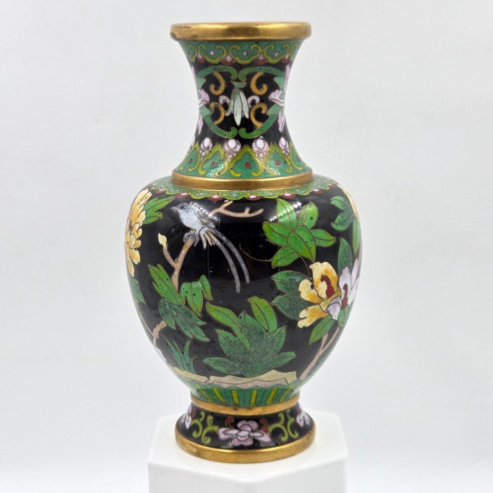 Jingtai Cloisonné Enamel Peony Motif Ruyi Border Bud Base - Picture 2 of 14
